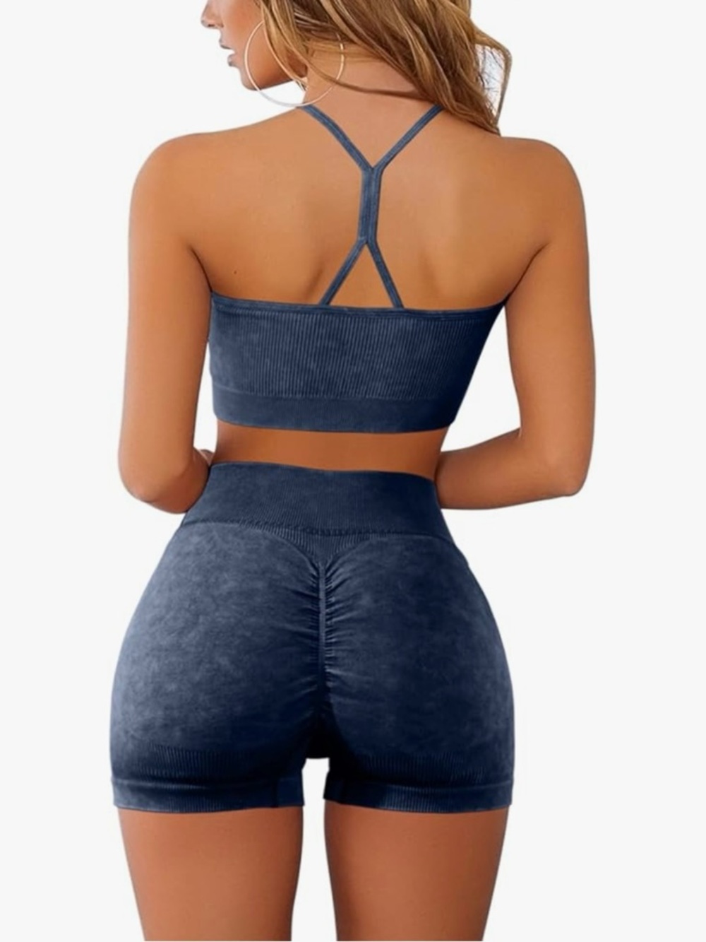 Ribbed Navy Blue Seamless Sports Bra & High-Waist Shorts Set - Picture 6 of 6